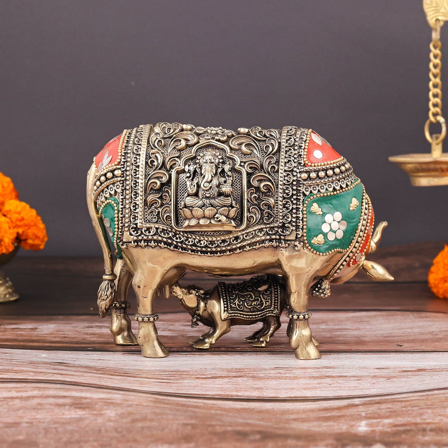 Brass Superfine Cow and Calf Statue Lakshmi Ganesha Engraving with Inlay Work 6 Inch