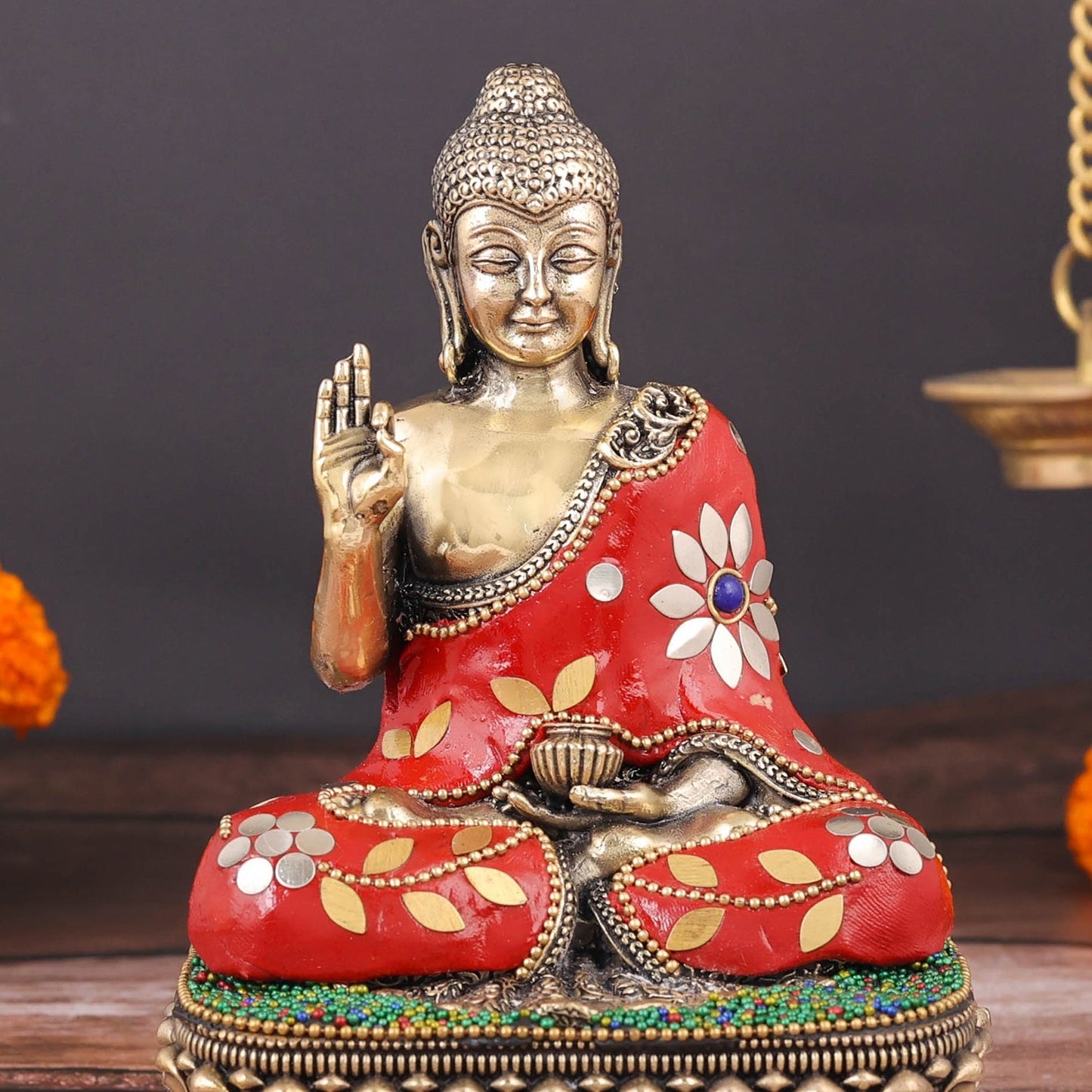 Brass Superfine Blessing Buddha Statue Stone Work 6 Inch
