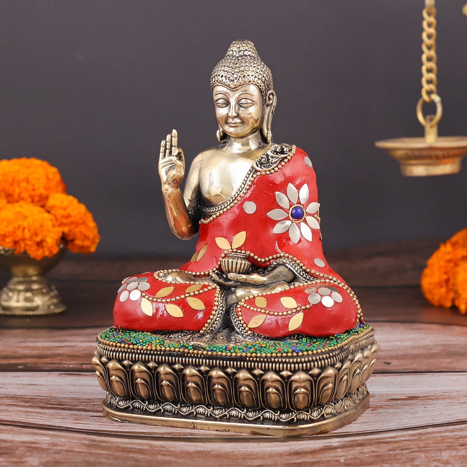 Brass Superfine Blessing Buddha Statue Stone Work 6 Inch - Image 5