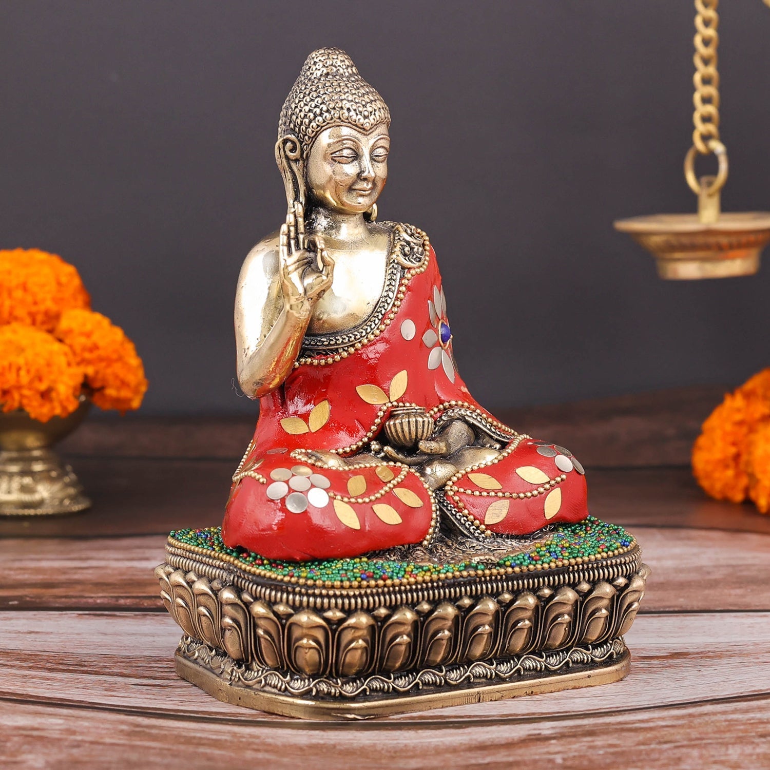 Brass Superfine Blessing Buddha Statue Stone Work 6 Inch - Image 4