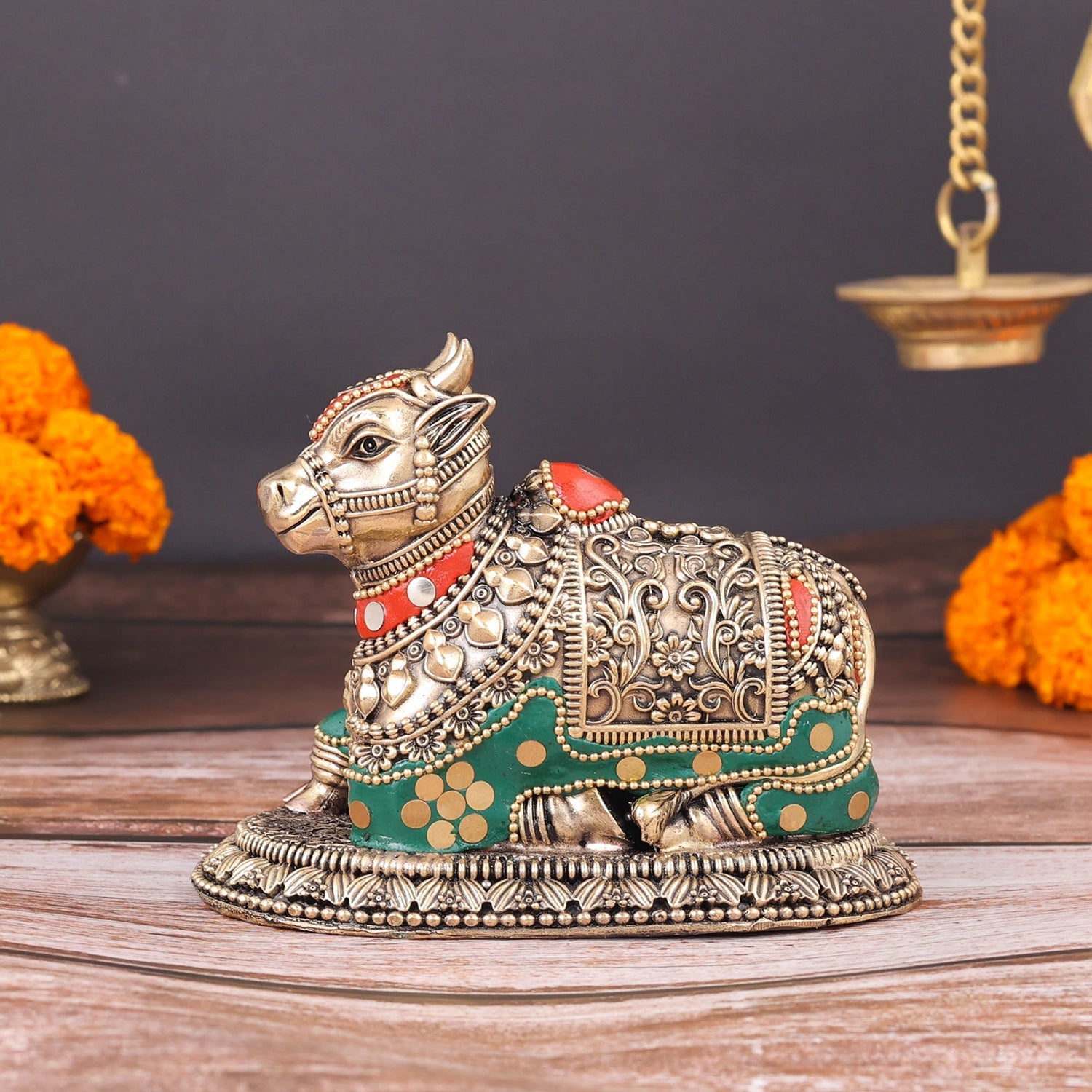 Brass Antique Nandi Statue with Meenakari 5" - Image 4