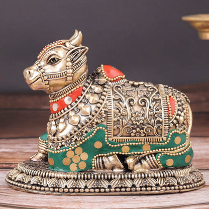 Brass Antique Nandi Statue with Meenakari 5" by vendor-unknown - Spiritual (View 2)