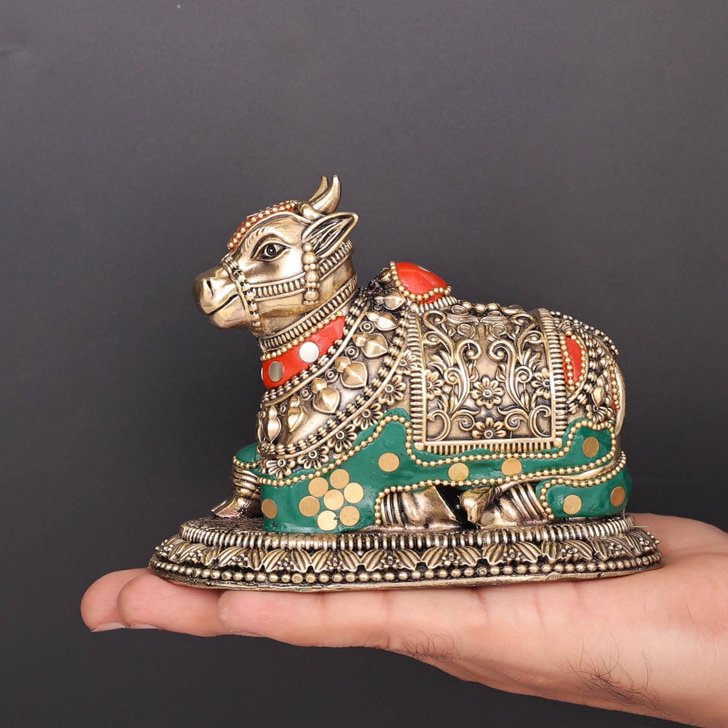 Brass Antique Nandi Statue with Meenakari 5" - Image 3