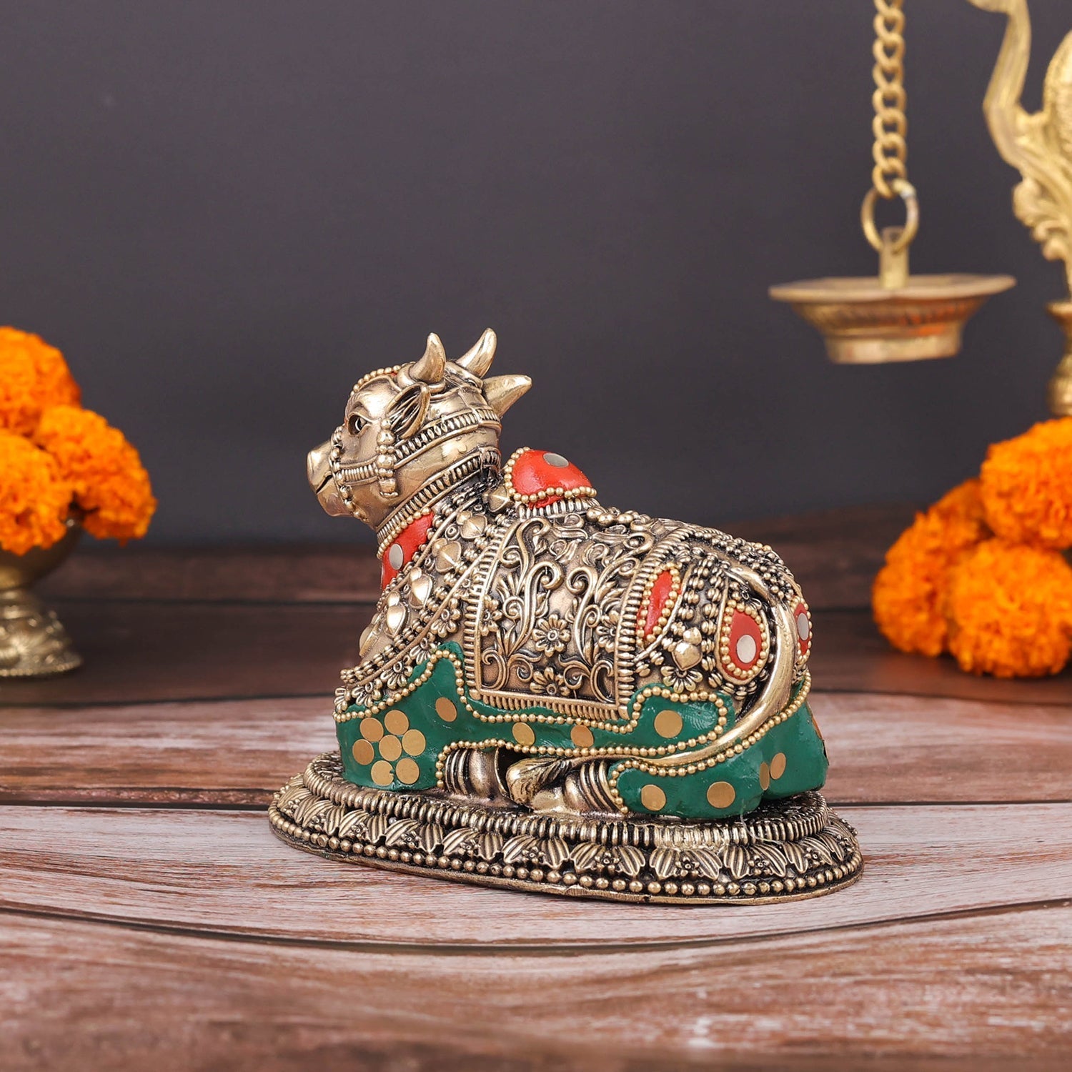 Brass Antique Nandi Statue with Meenakari 5" - Image 8