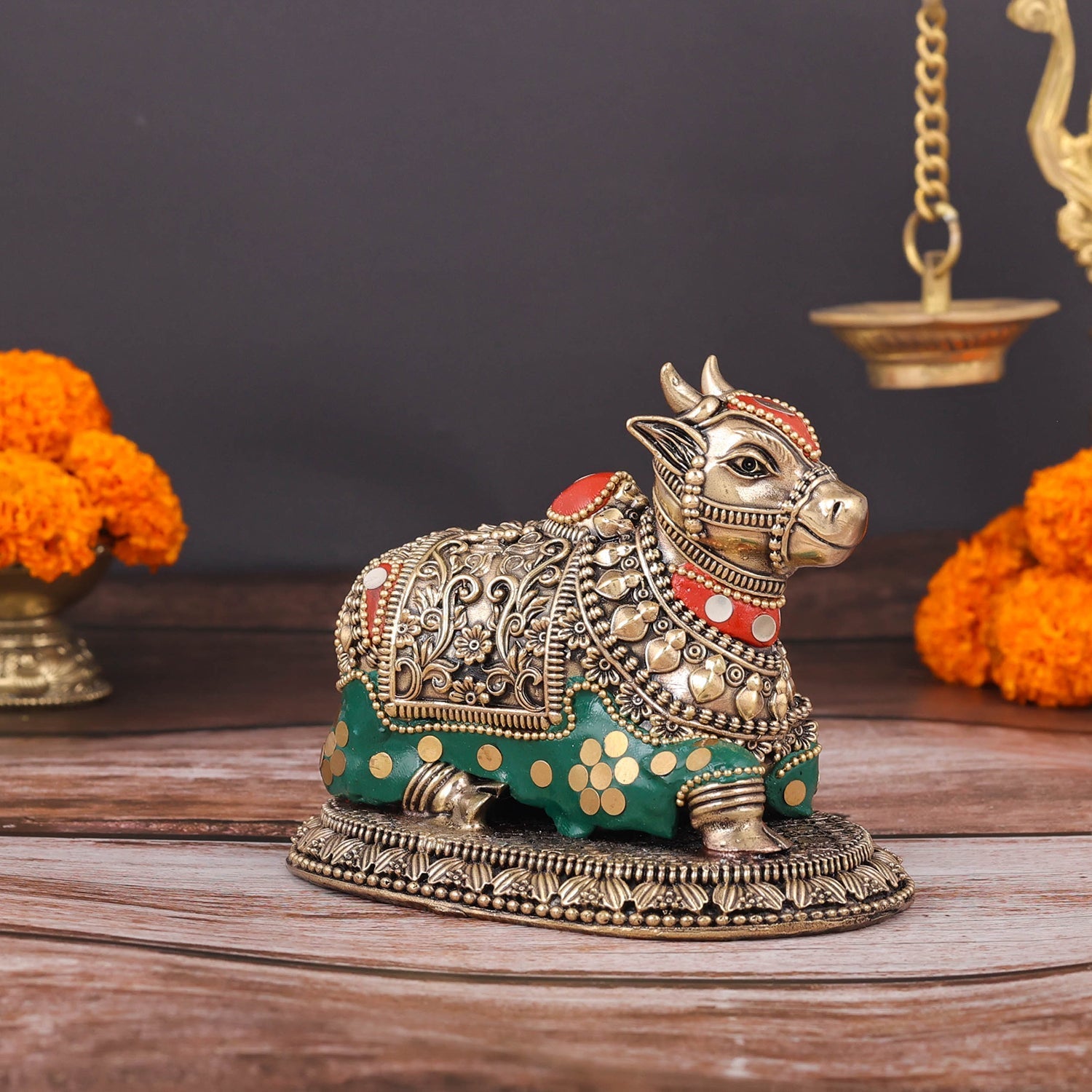 Brass Antique Nandi Statue with Meenakari 5" - Image 6