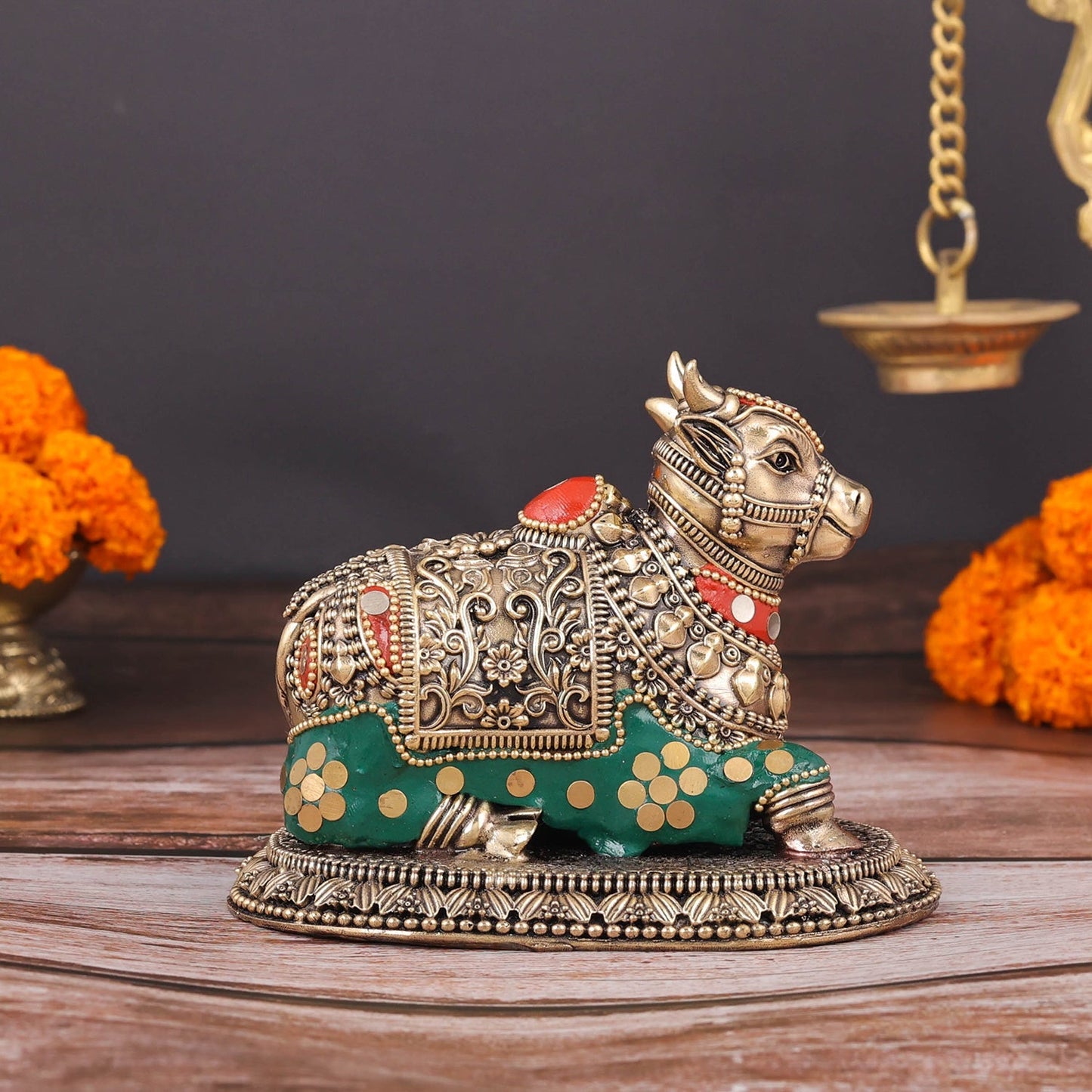 Brass Antique Nandi Statue with Meenakari 5"