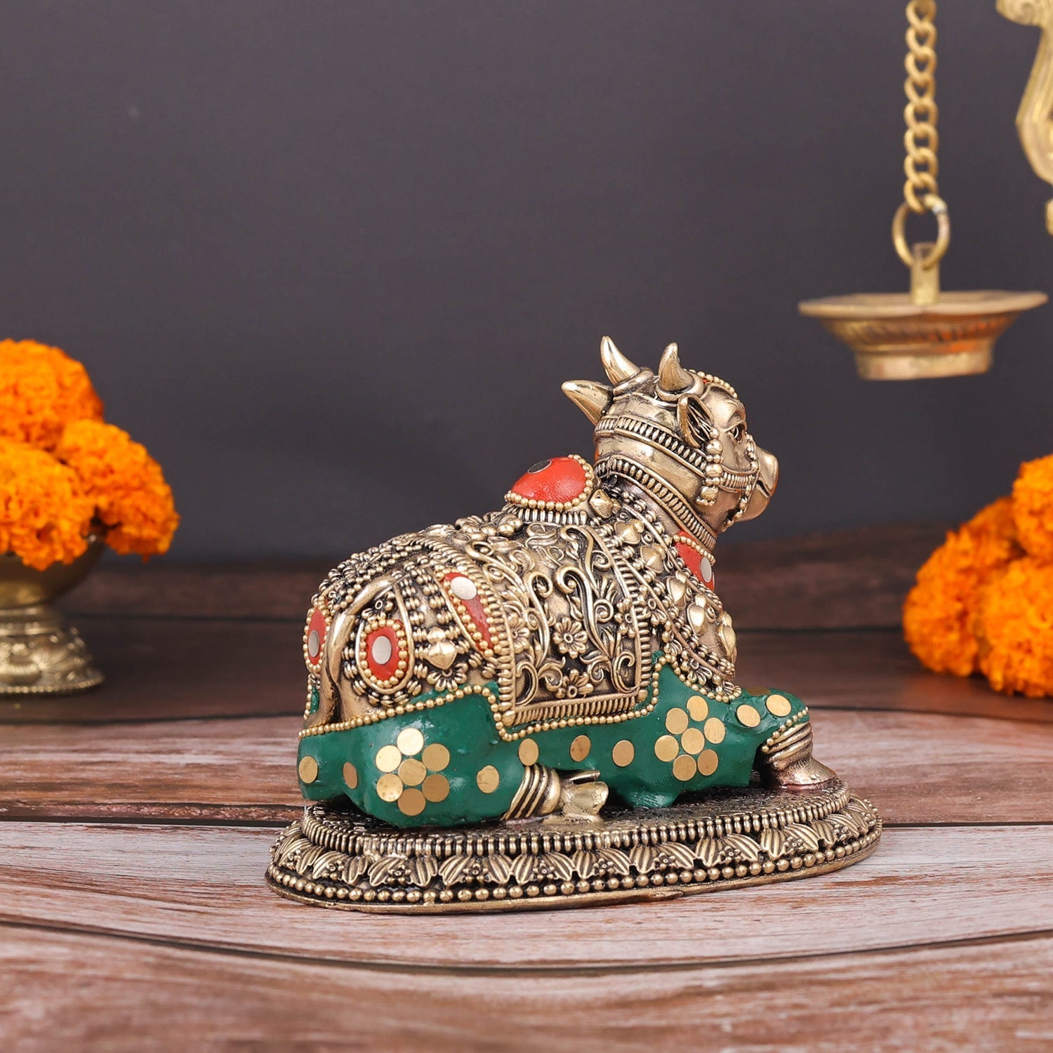 Brass Antique Nandi Statue with Meenakari 5" - Image 7