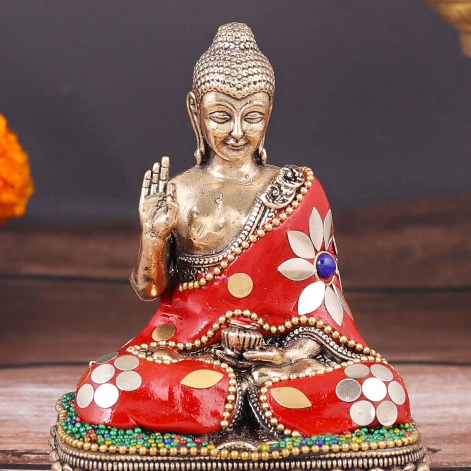 Brass Superfine Small Buddha Statue With Stone Work 4 Inch - Image 2