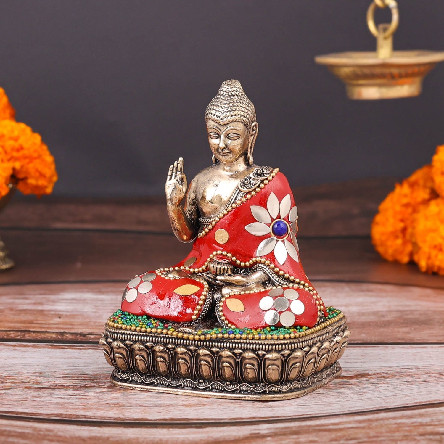 Brass Superfine Small Buddha Statue With Stone Work 4 Inch - Image 5