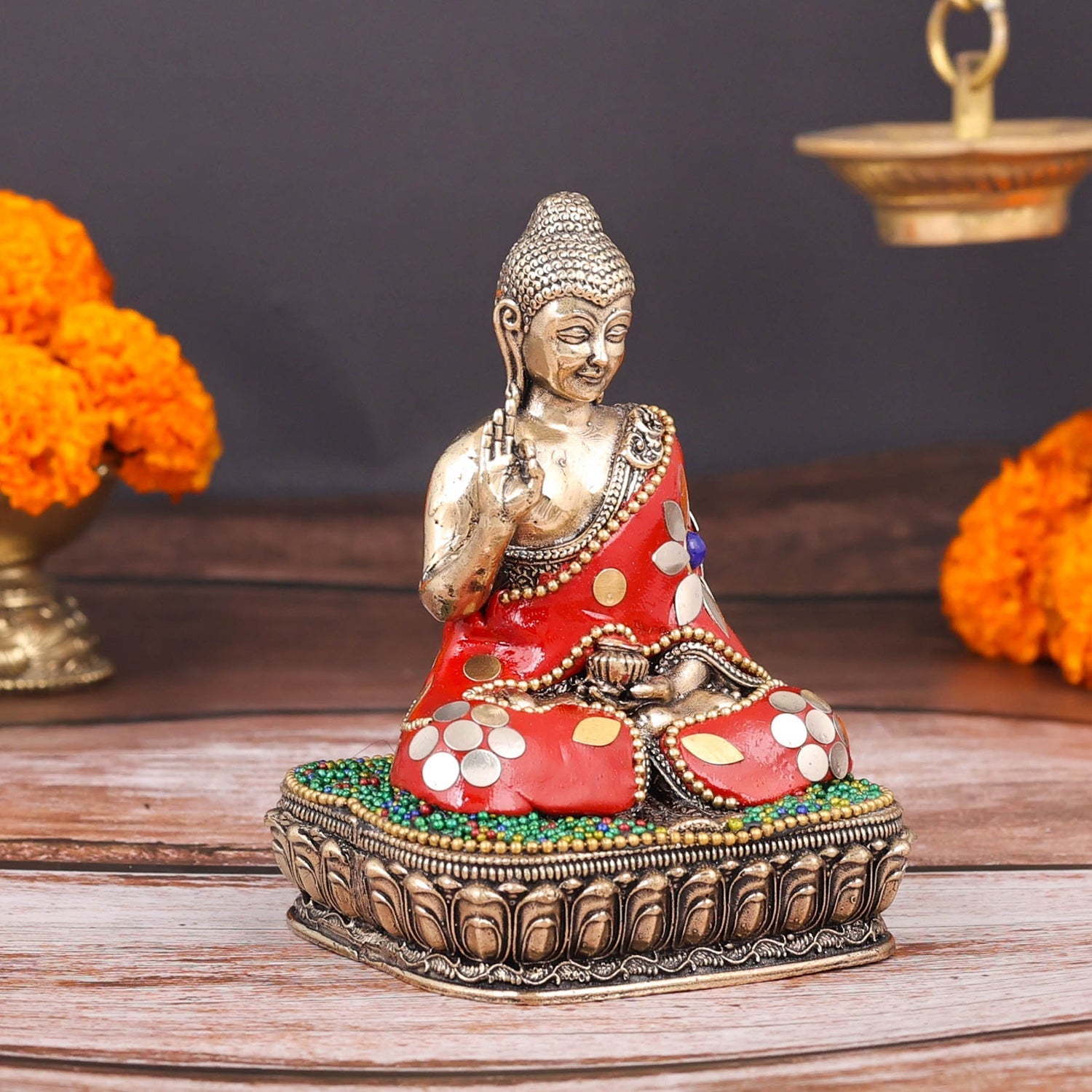 Brass Superfine Small Buddha Statue With Stone Work 4 Inch - Image 4