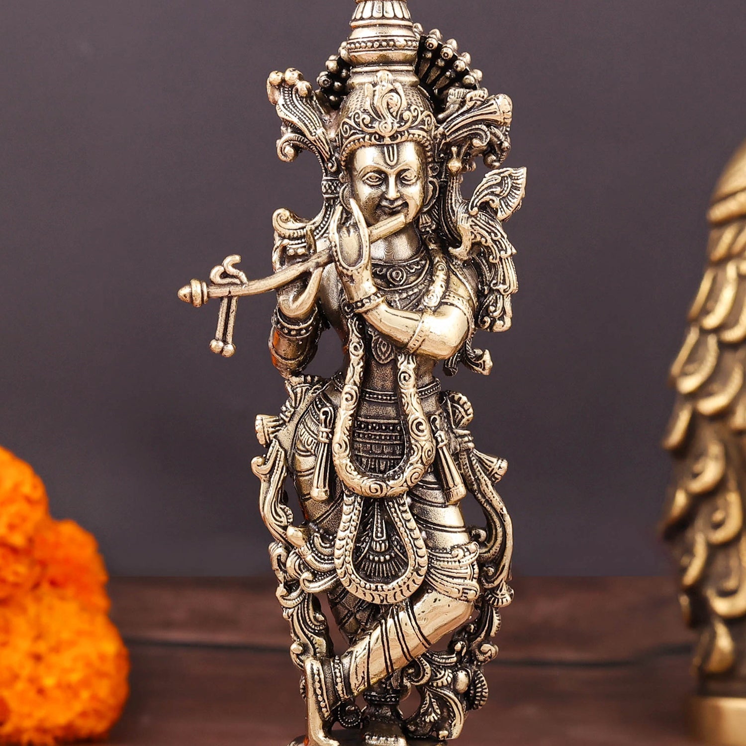 Brass Superfine Krishna Idol Intricate Carvings 6 Inch - Image 2