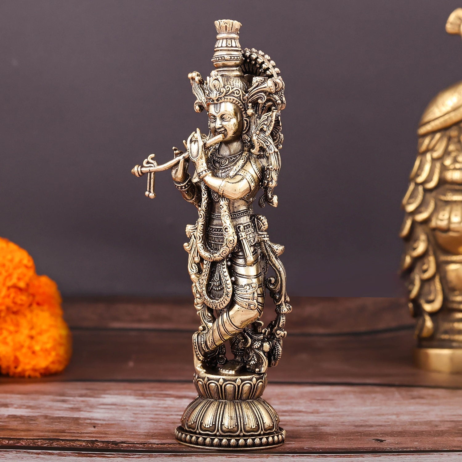 Brass Superfine Krishna Idol Intricate Carvings 6 Inch - Image 4