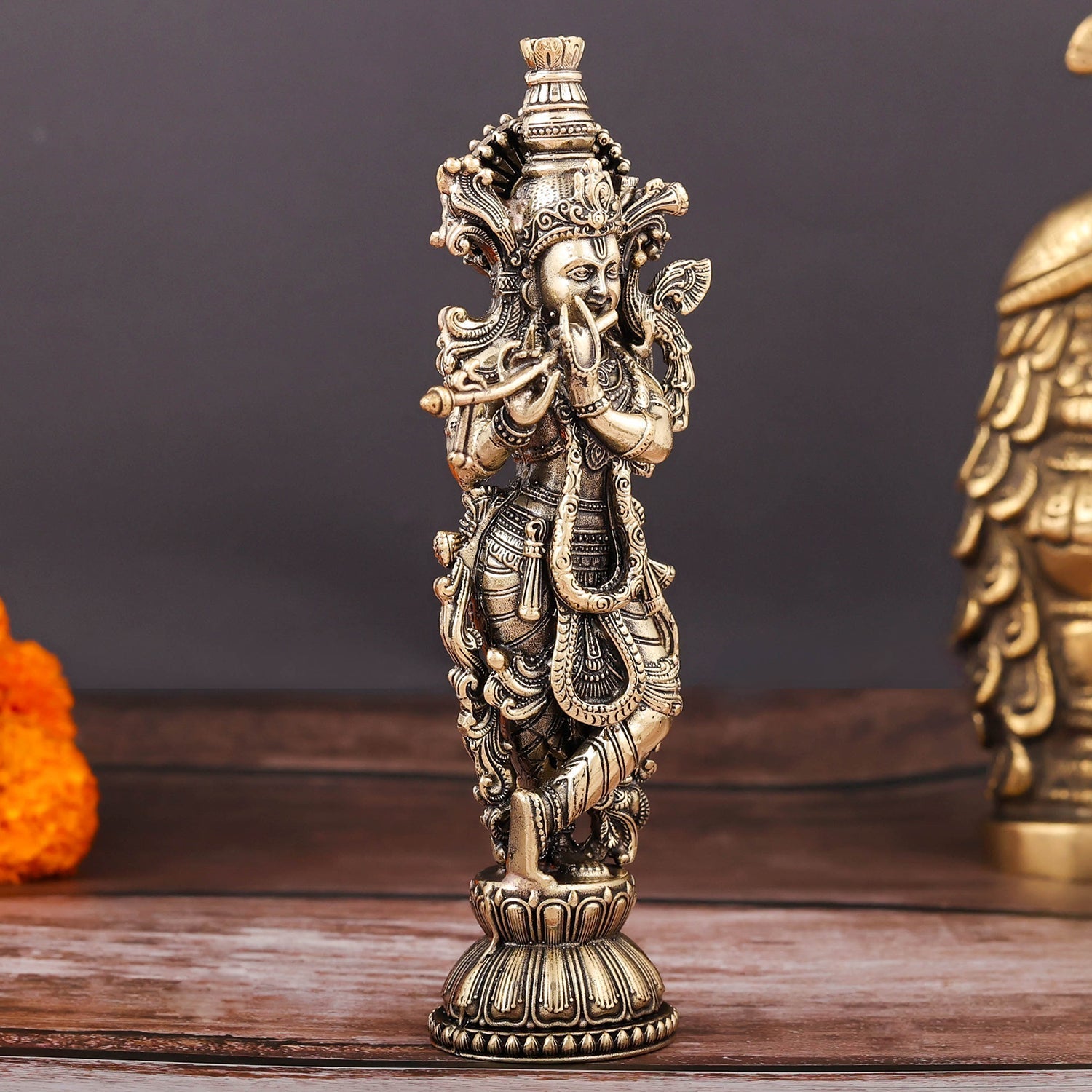 Brass Superfine Krishna Idol Intricate Carvings 6 Inch - Image 5