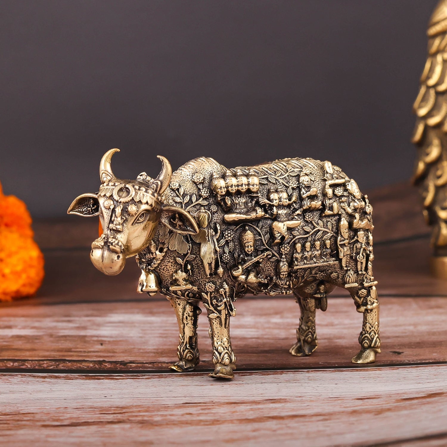 Brass Superfine Kamadhenu Cow with Engraved Gods and Goddesses 4 Inch - Image 5