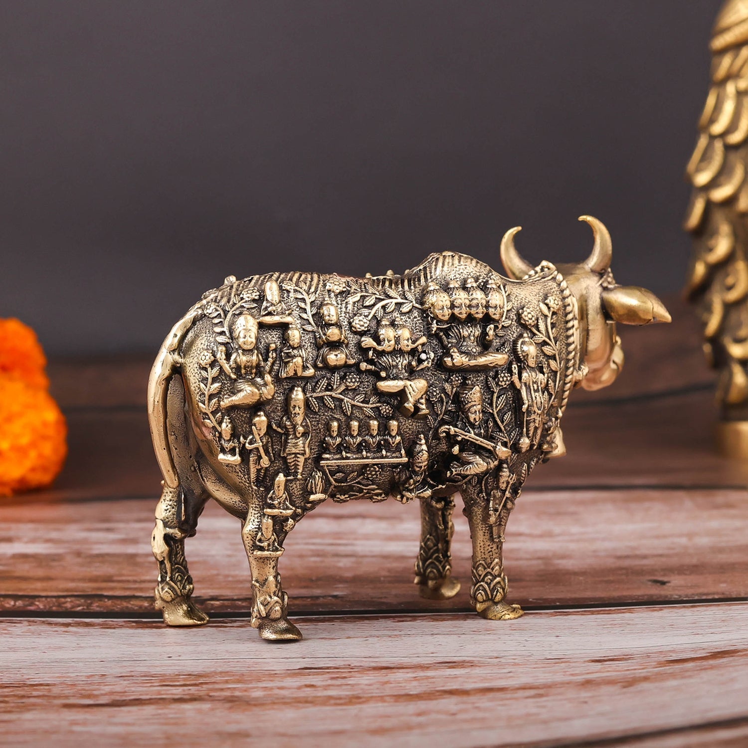 Brass Superfine Kamadhenu Cow with Engraved Gods and Goddesses 4 Inch - Image 6