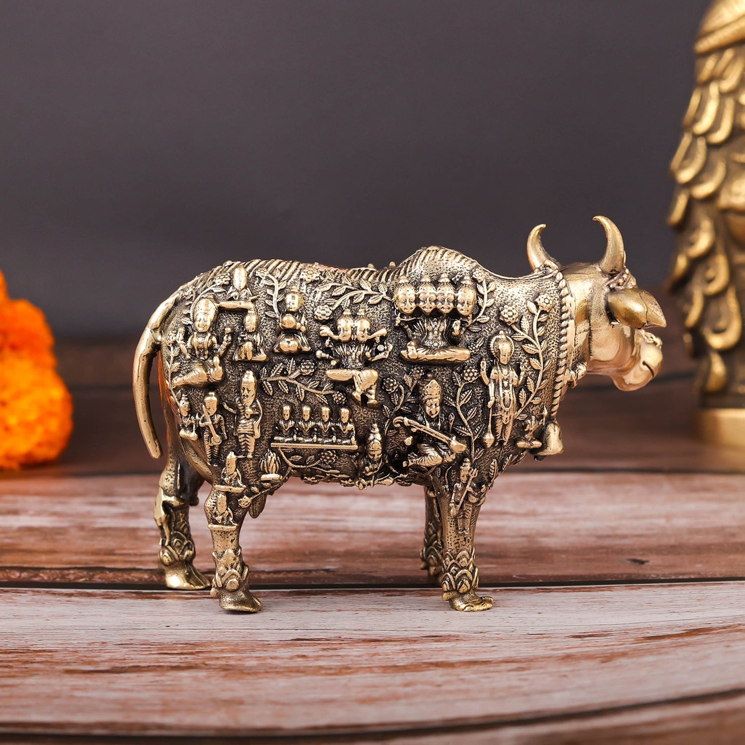Brass Superfine Kamadhenu Cow with Engraved Gods and Goddesses 4 Inch - Image 7