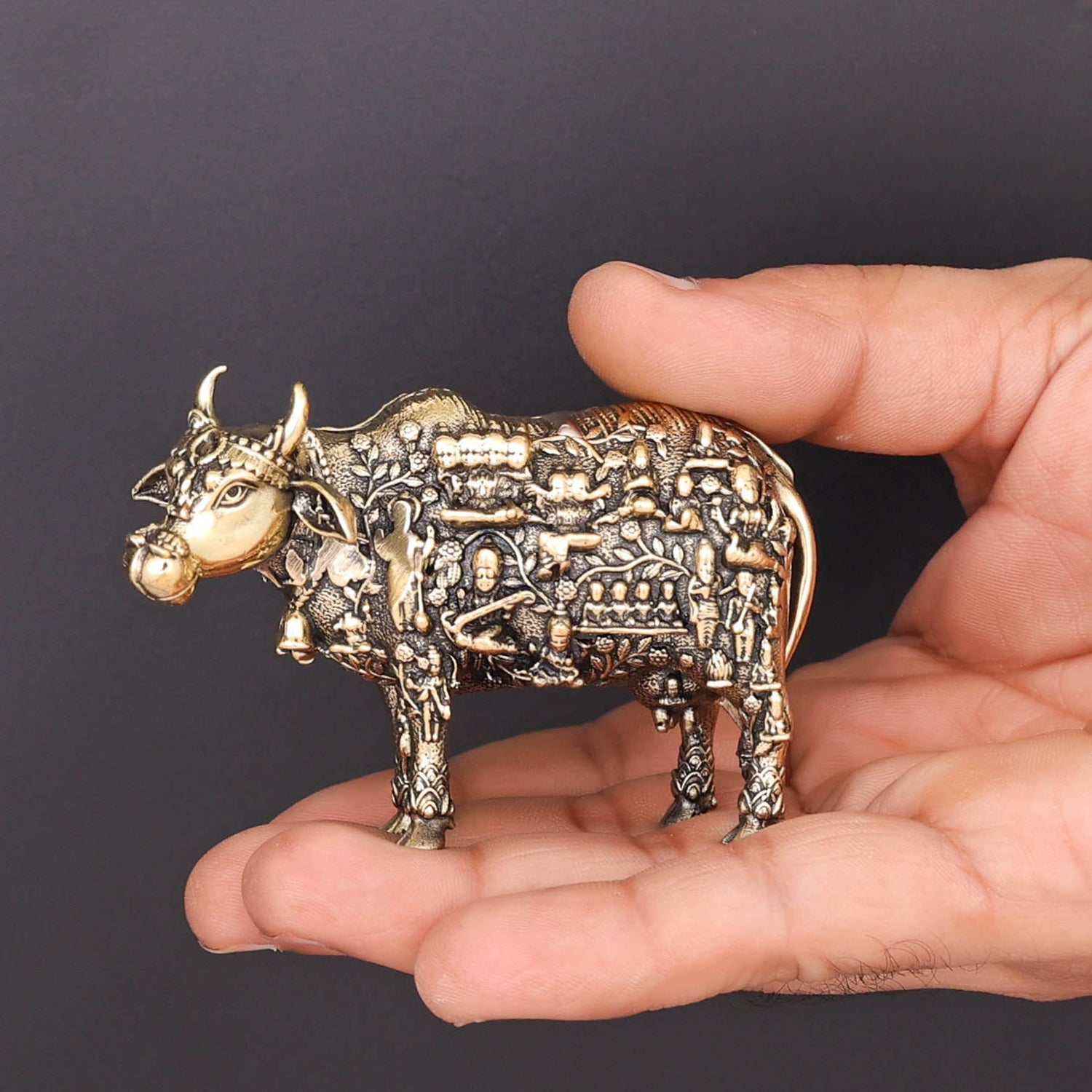 Brass Superfine Small Kamadhenu Cow with Engraved Gods and Goddesses 3 Inch - Image 3