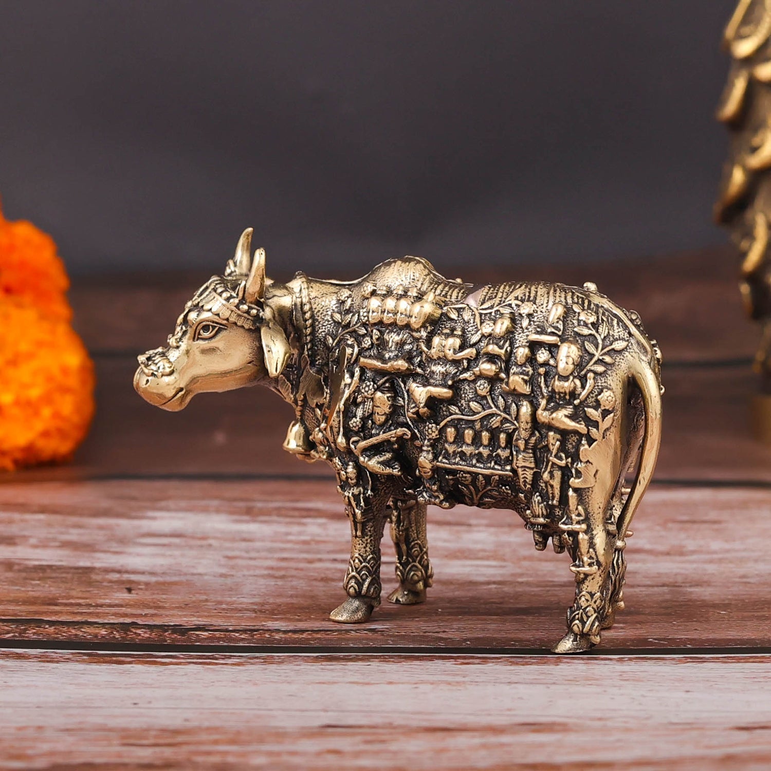 Brass Superfine Small Kamadhenu Cow with Engraved Gods and Goddesses 3 Inch - Image 4