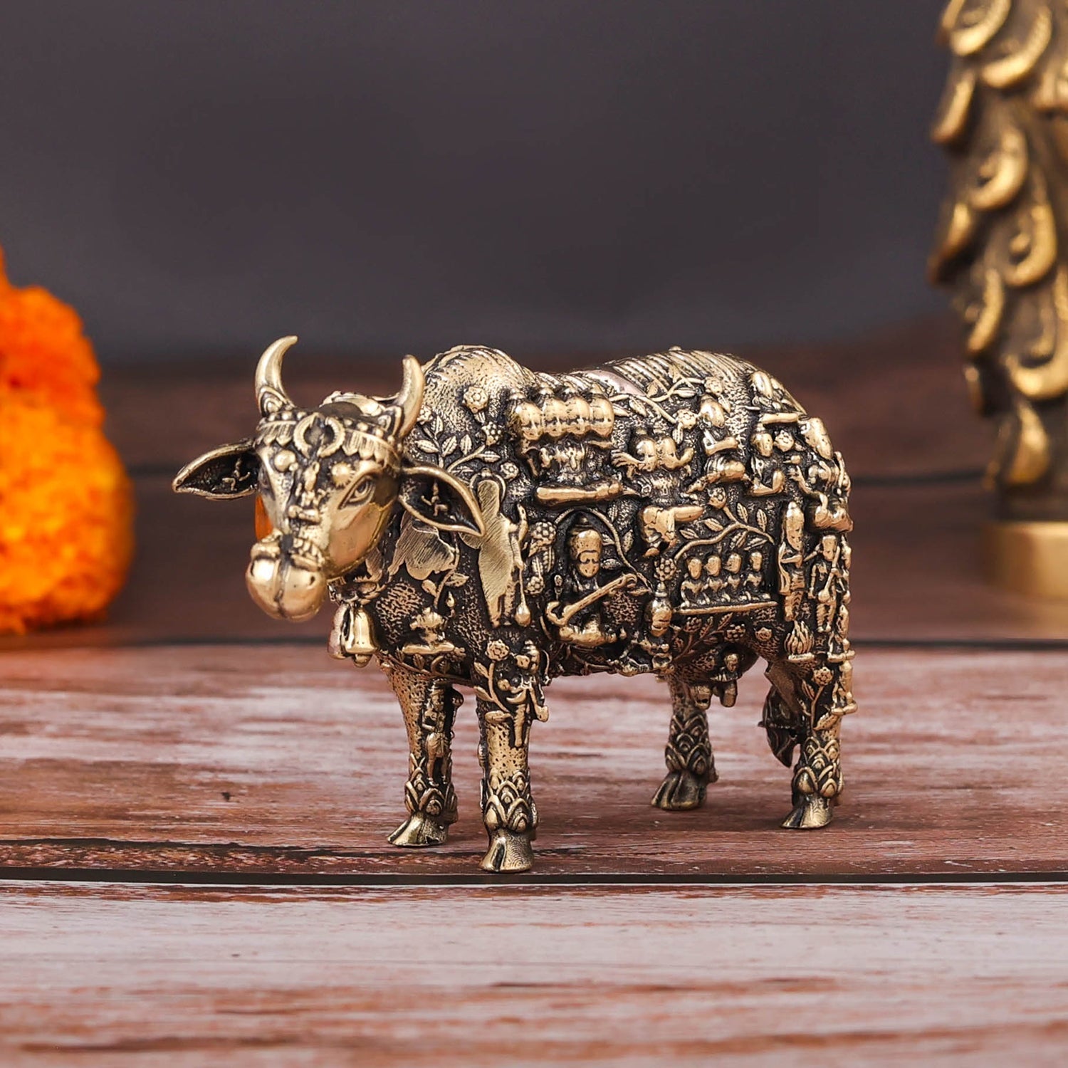 Brass Superfine Small Kamadhenu Cow with Engraved Gods and Goddesses 3 Inch - Image 5