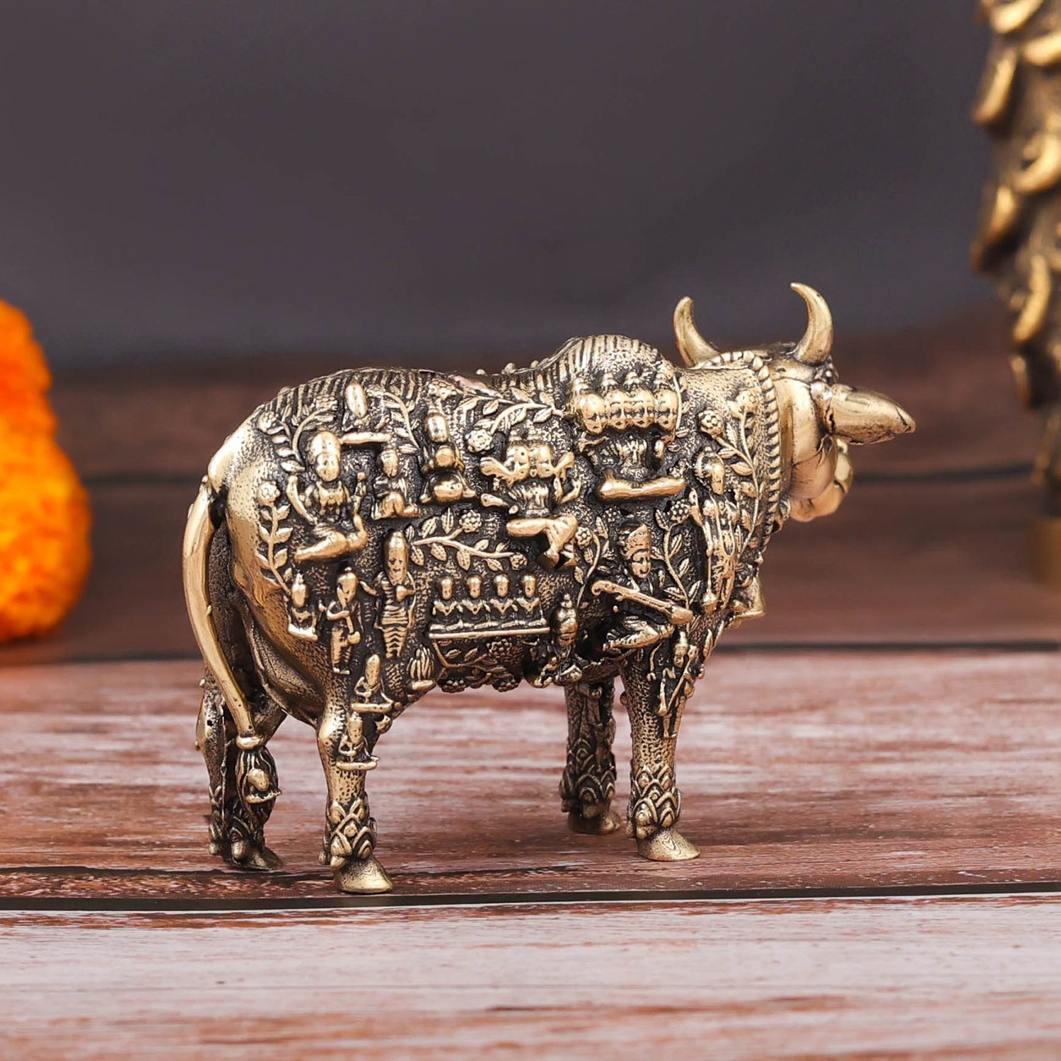Brass Superfine Small Kamadhenu Cow with Engraved Gods and Goddesses 3 Inch - Image 6