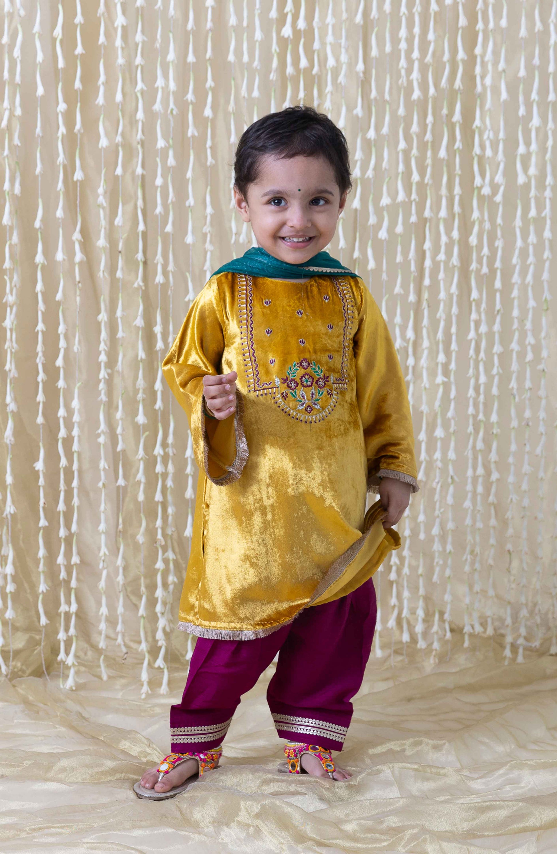 Noor Velvet Suit for Girls - Yellow - Image 2