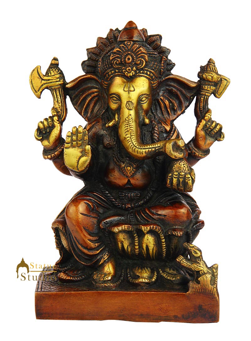 Brass elephant lord ganesha hindu gods statue idol figure 7" - Image 2