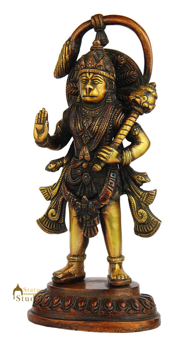 Brass Standing Hanuman Statue Antique Finish For Home Decor 9"
