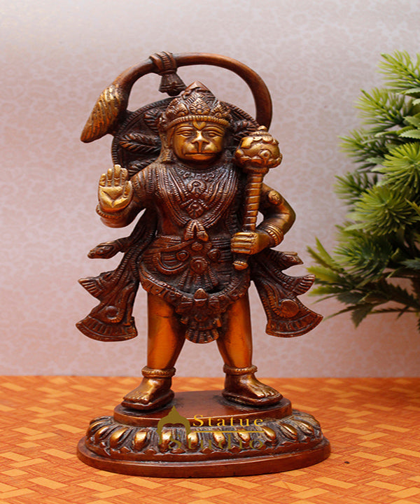 Brass Standing Hanuman Statue Antique Finish For Home Decor 9"
