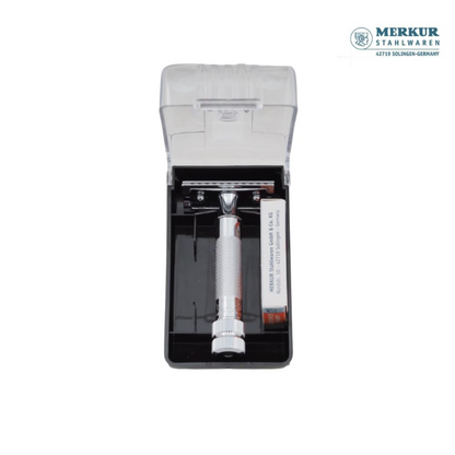 Merkur 34C 2-Piece DE Safety Razor, Closed Comb, Knurled Extra Thick Handle (HD), Chrome, in Hard Plastic Case with 10 Blades by Merkur - Gift Sets & Kits (View 5)