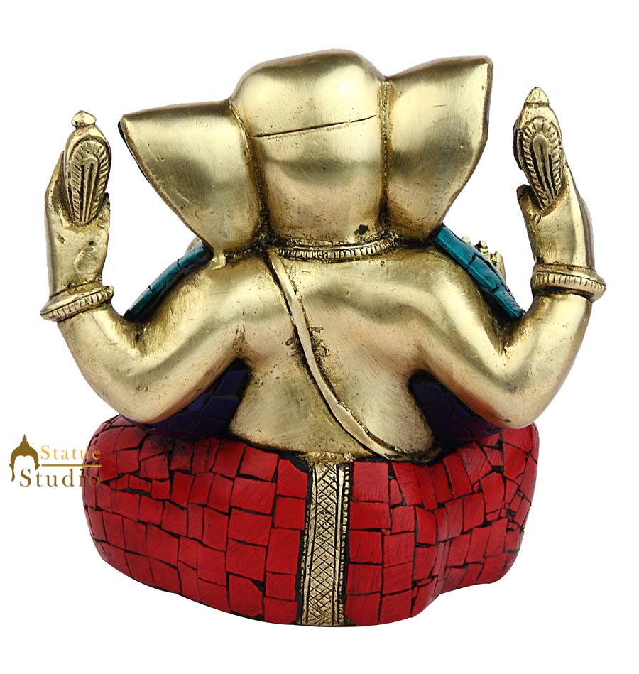 Brass ganesh elephant lord hindu gods nepal turquoise coral art religious art 6" - Image 3