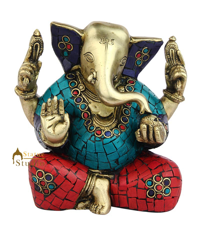 Brass ganesh elephant lord hindu gods nepal turquoise coral art religious art 6" - Image 2