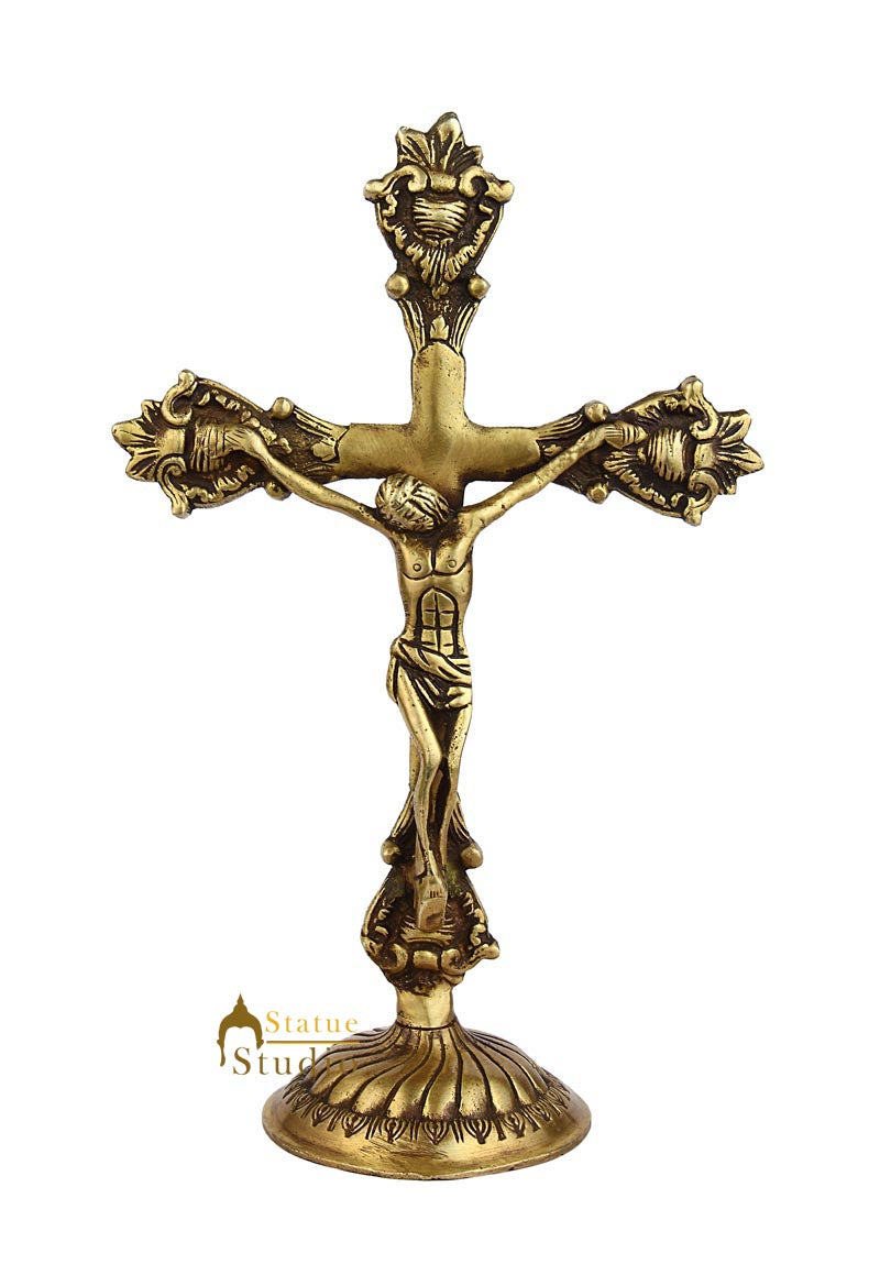 Brass Christian lord Jesus Cross india hand made statue religious craft idol 11" - Image 2