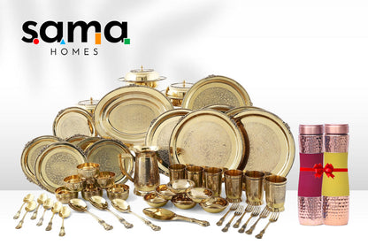 SAMA Homes - 51 piece brass dinner set 2 pure copper water bottles with silk finish design