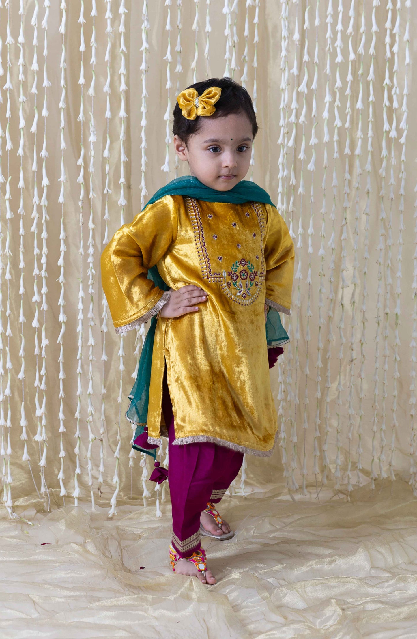 Noor Velvet Suit for Girls - Yellow