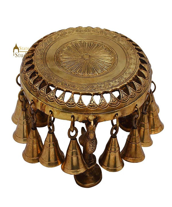 Antique Brass Hindu Spiritual Religious Temple Puja Chowki with Bells 4 Inch - Image 2