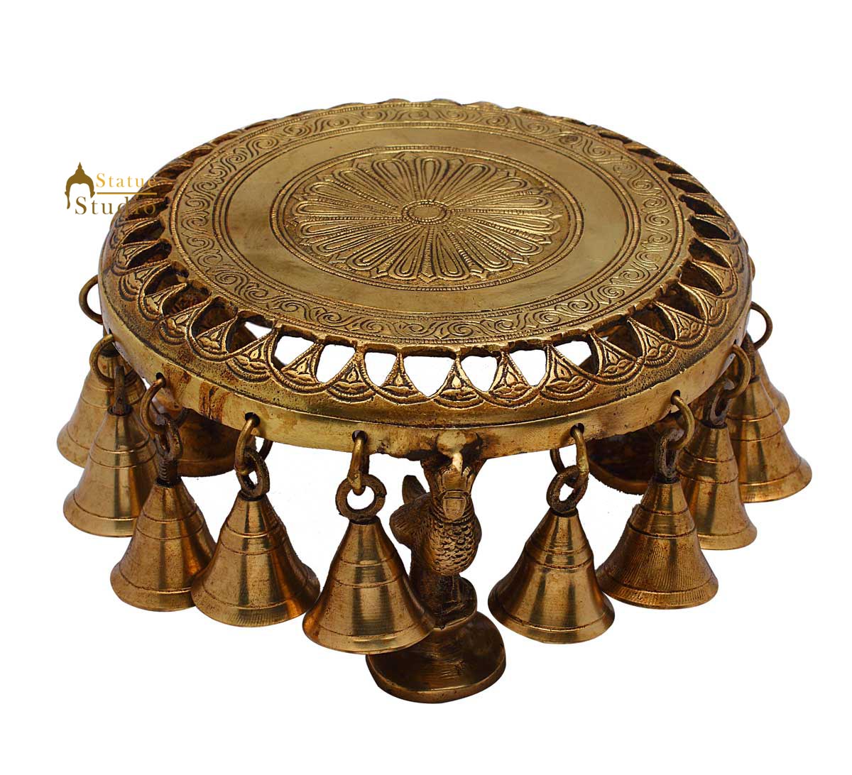 Antique Brass Hindu Spiritual Religious Temple Puja Chowki with Bells 4 Inch