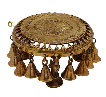 Antique Brass Hindu Spiritual Religious Temple Puja Chowki with Bells 4 Inch by vendor-unknown - Spiritual