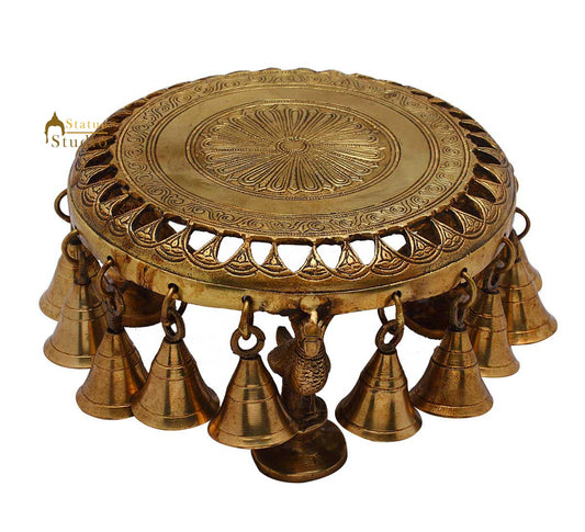 Antique Brass Hindu Spiritual Religious Temple Puja Chowki with Bells 4 Inch