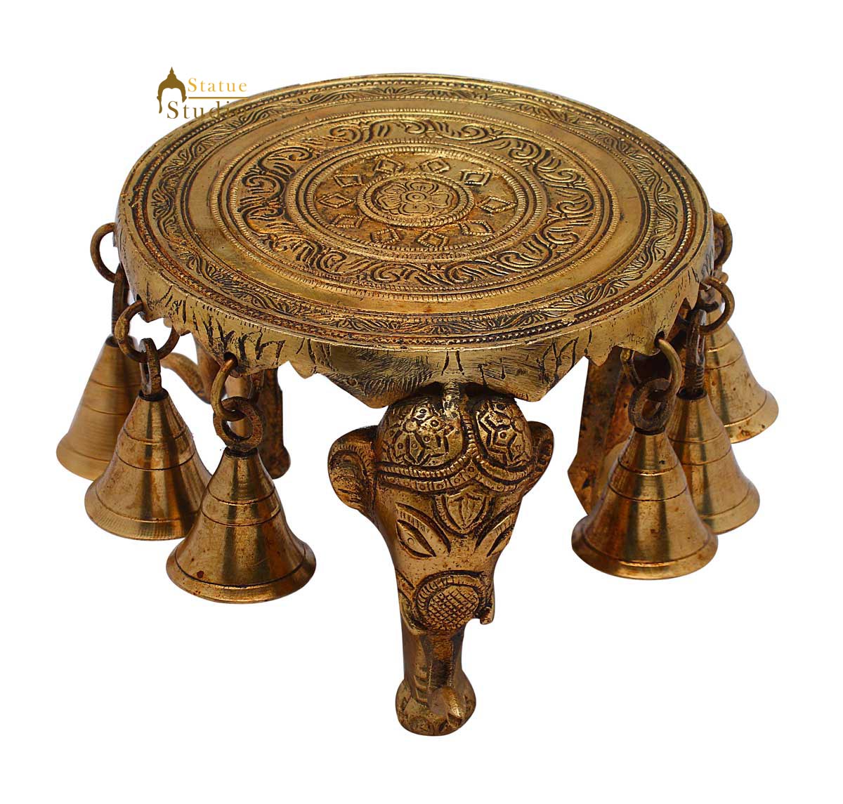 Brass Round Spiritual religious temple puja Chowki elephant shaped legs 5"