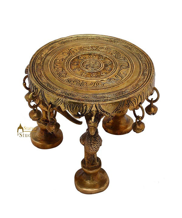 Antique Brass Round Hindu Spiritual Religious Temple Puja Chowki 4 Inch - Image 2