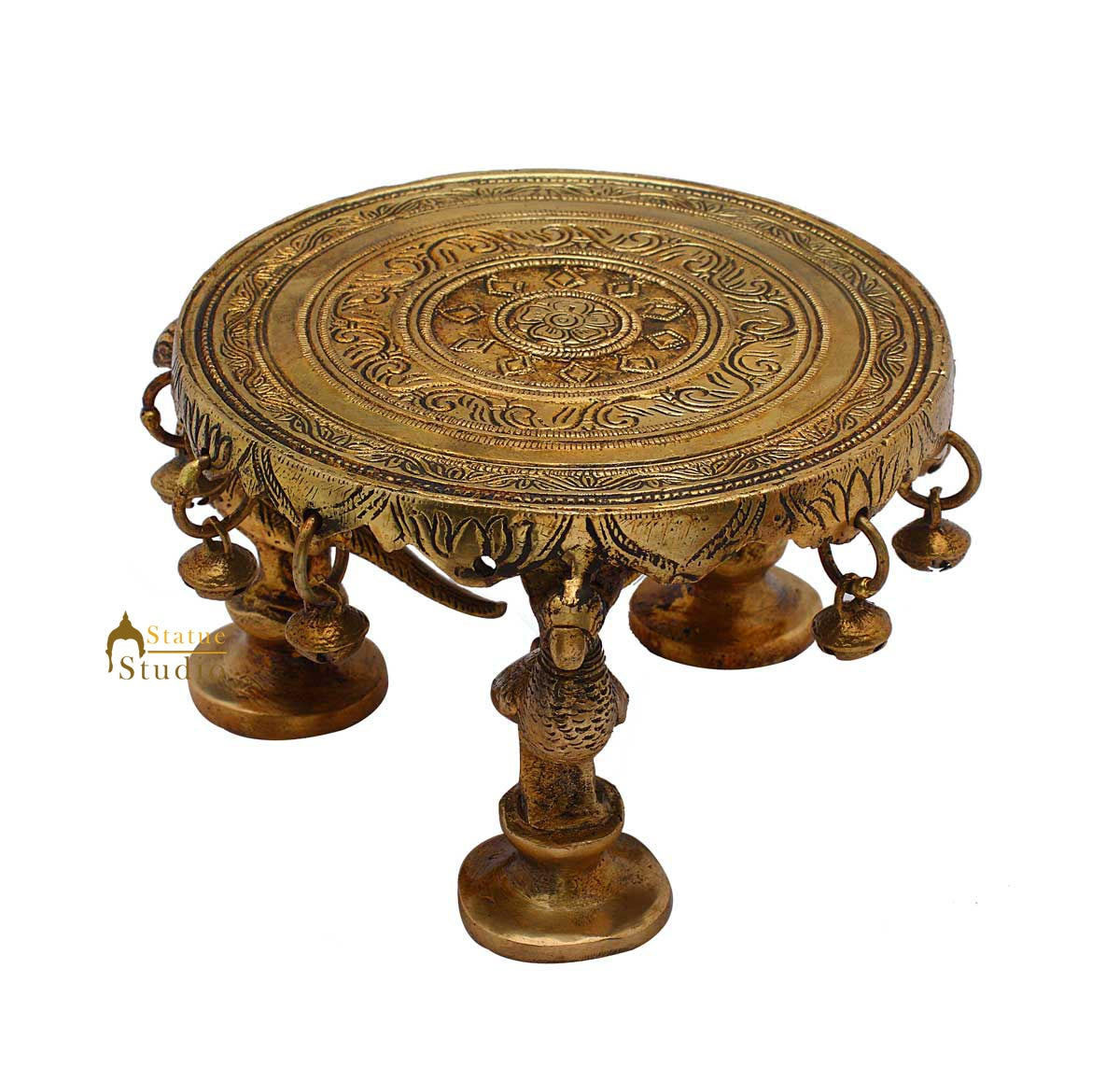 Antique Brass Round Hindu Spiritual Religious Temple Puja Chowki 4 Inch - Eco-friendly - Sama Homes