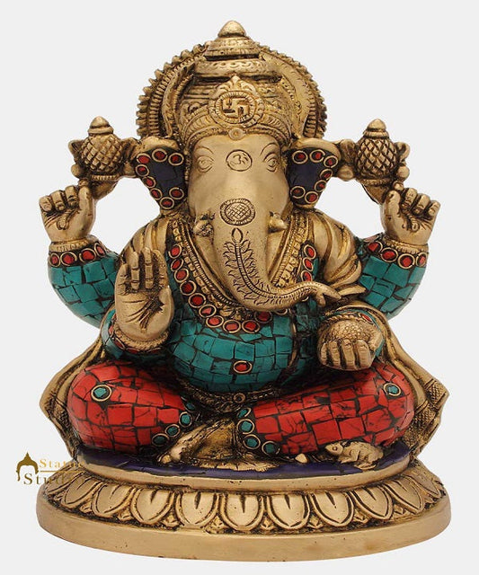 Brass ganesh elephant lord hindu gods nepal turquoise coral art religious art 8"