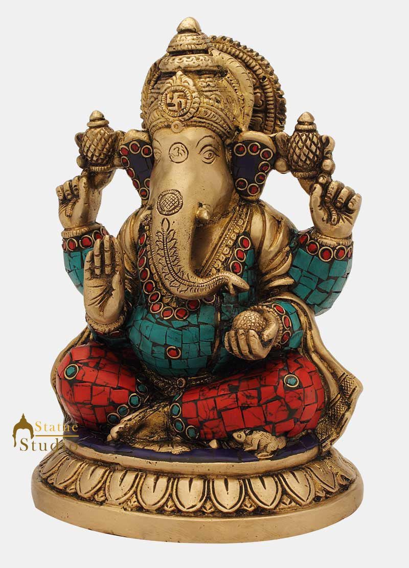 Brass ganesh elephant lord hindu gods nepal turquoise coral art religious art 8" - Image 3