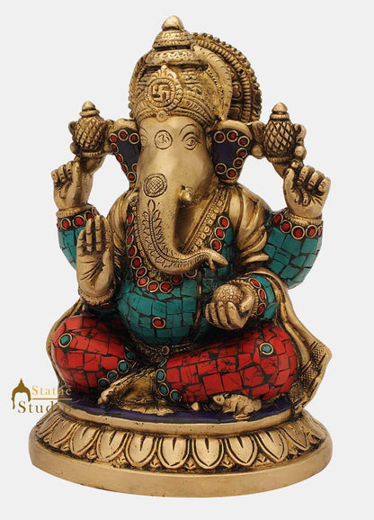 Brass ganesh elephant lord hindu gods nepal turquoise coral art religious art 8" by vendor-unknown - Hindu Gods (View 3)