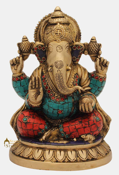 Brass ganesh elephant lord hindu gods nepal turquoise coral art religious art 8" by vendor-unknown - Hindu Gods (View 2)