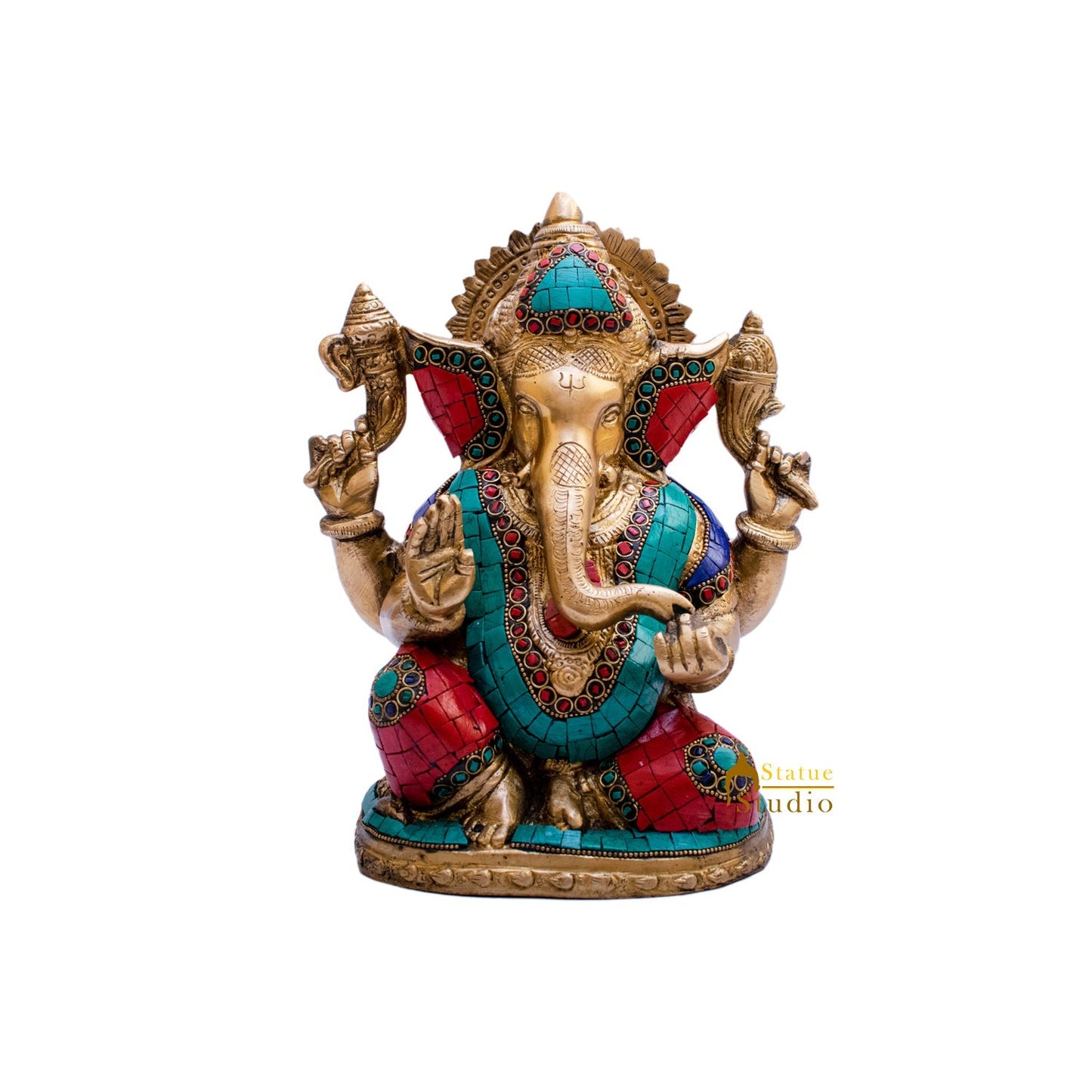 Brass Ganpati Idol Stone Work For Home Temple Decor 9"