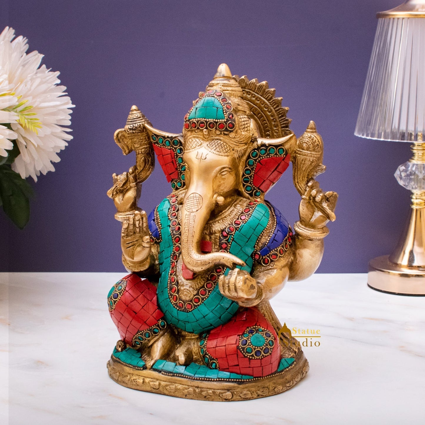 Brass Ganpati Idol Stone Work For Home Temple Decor 9"