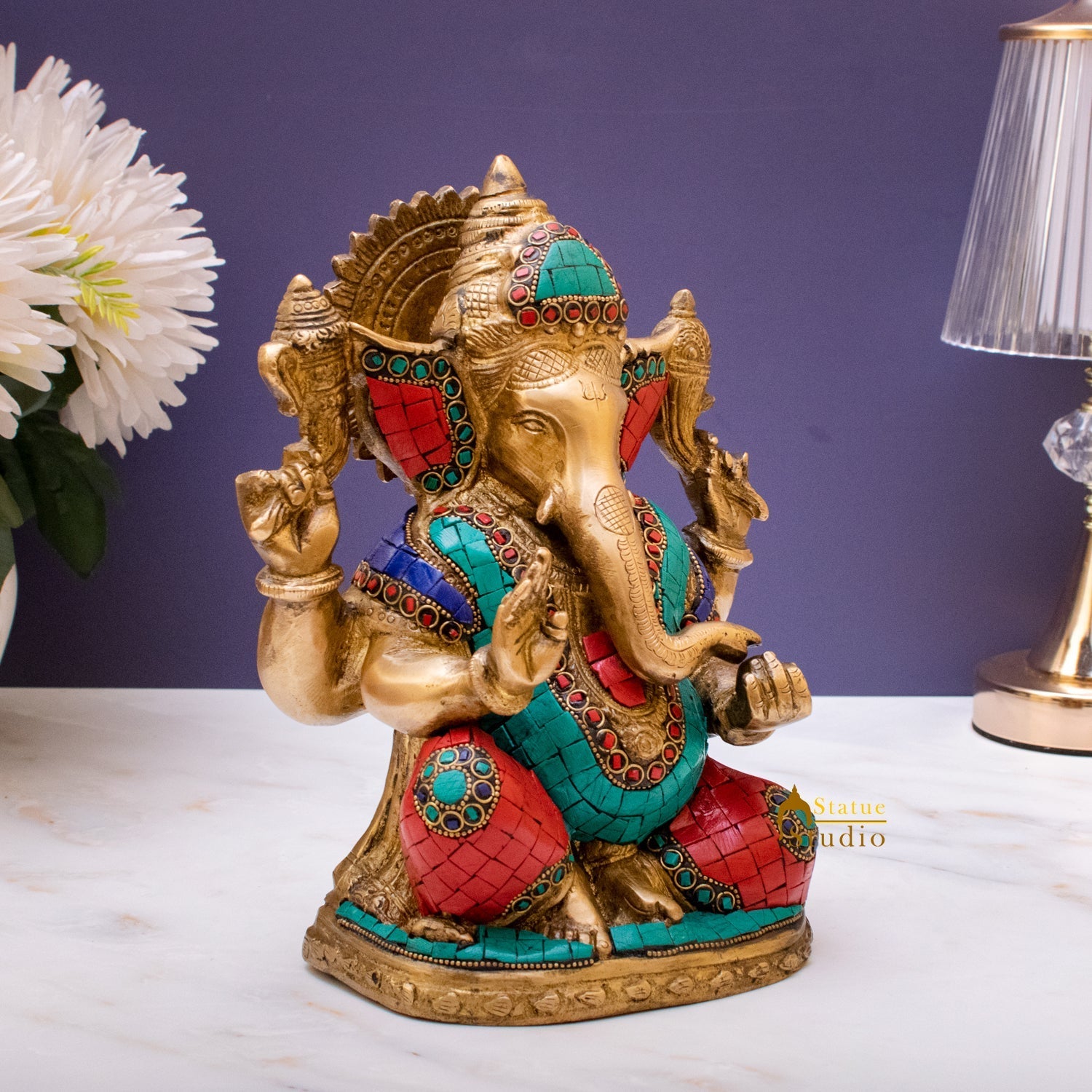 Brass Ganpati Idol Stone Work For Home Temple Decor 9" - Image 4