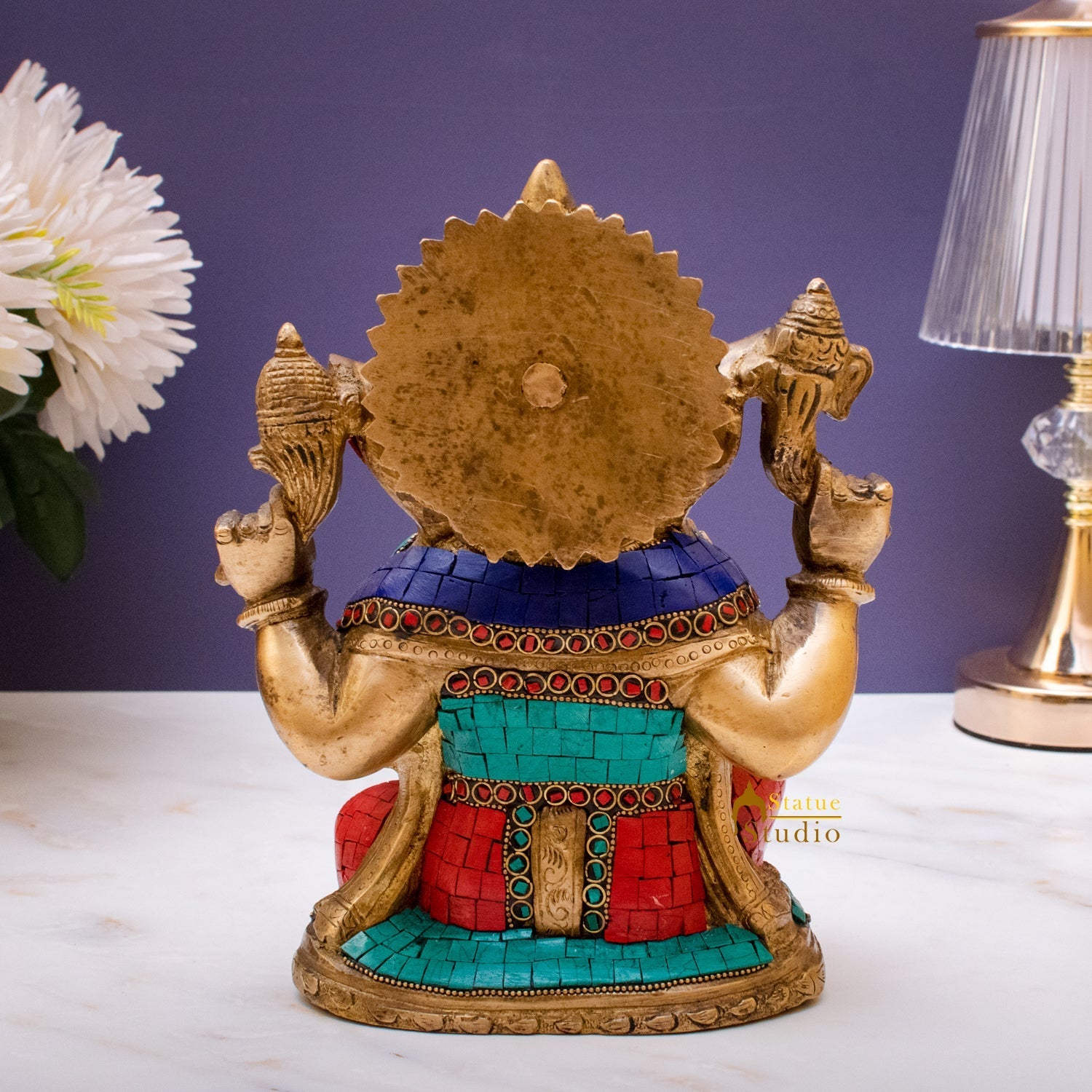 Brass Ganpati Idol Stone Work For Home Temple Decor 9" - Image 5