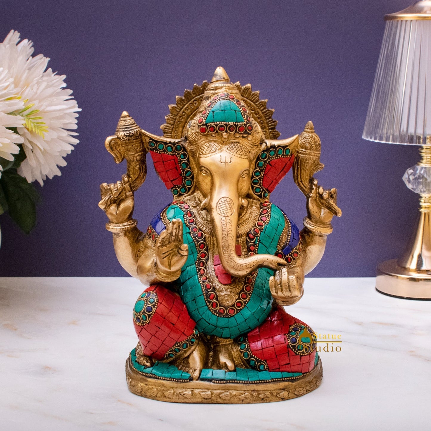 Brass Ganpati Idol Stone Work For Home Temple Decor 9"